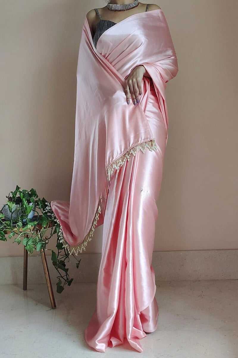 Evanescent 1 Minute Ready To Wear Peach Satin Silk Saree