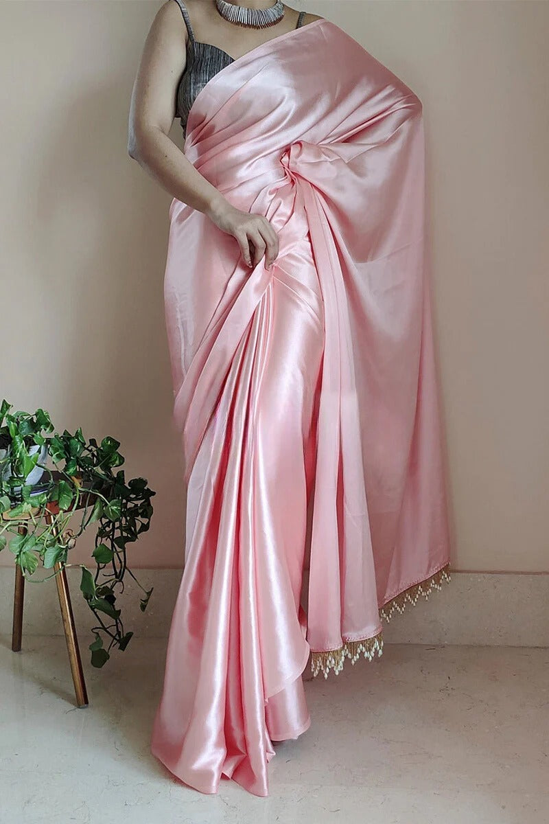 Evanescent 1 Minute Ready To Wear Peach Satin Silk Saree