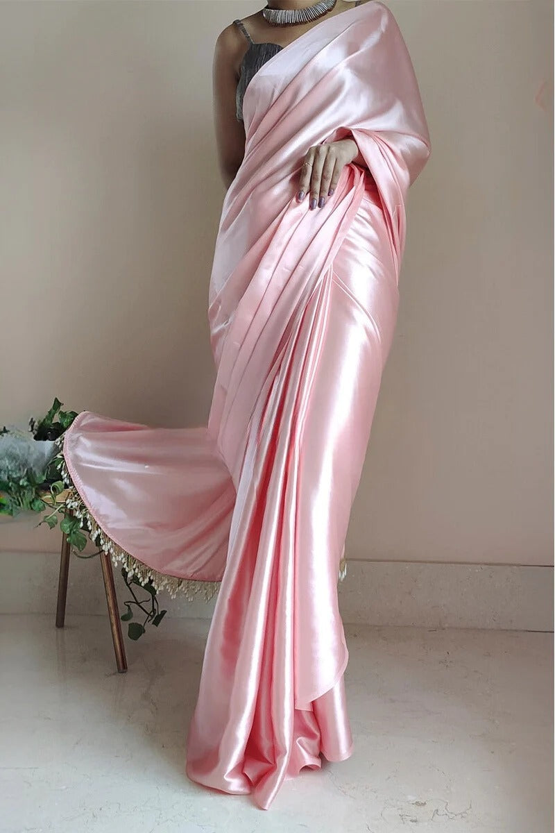 Evanescent 1 Minute Ready To Wear Peach Satin Silk Saree