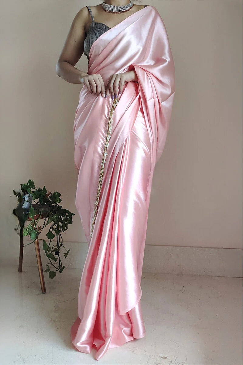 Evanescent 1 Minute Ready To Wear Peach Satin Silk Saree