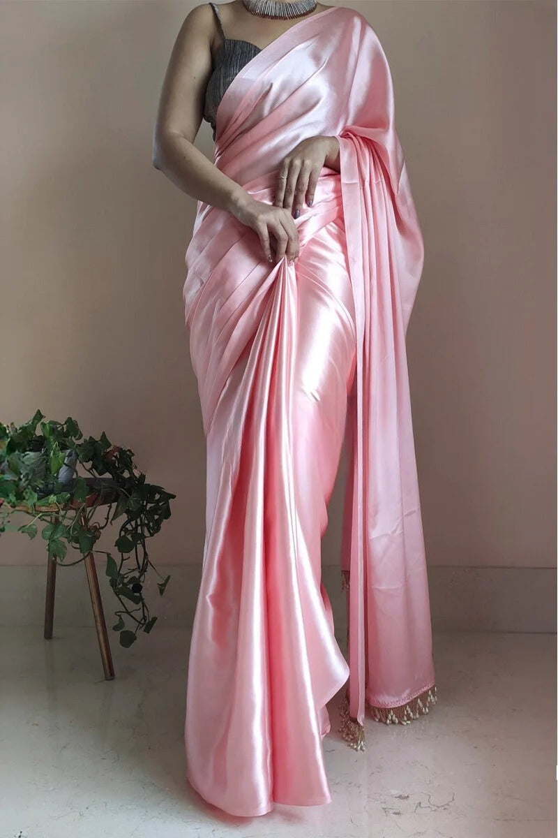 Evanescent 1 Minute Ready To Wear Peach Satin Silk Saree
