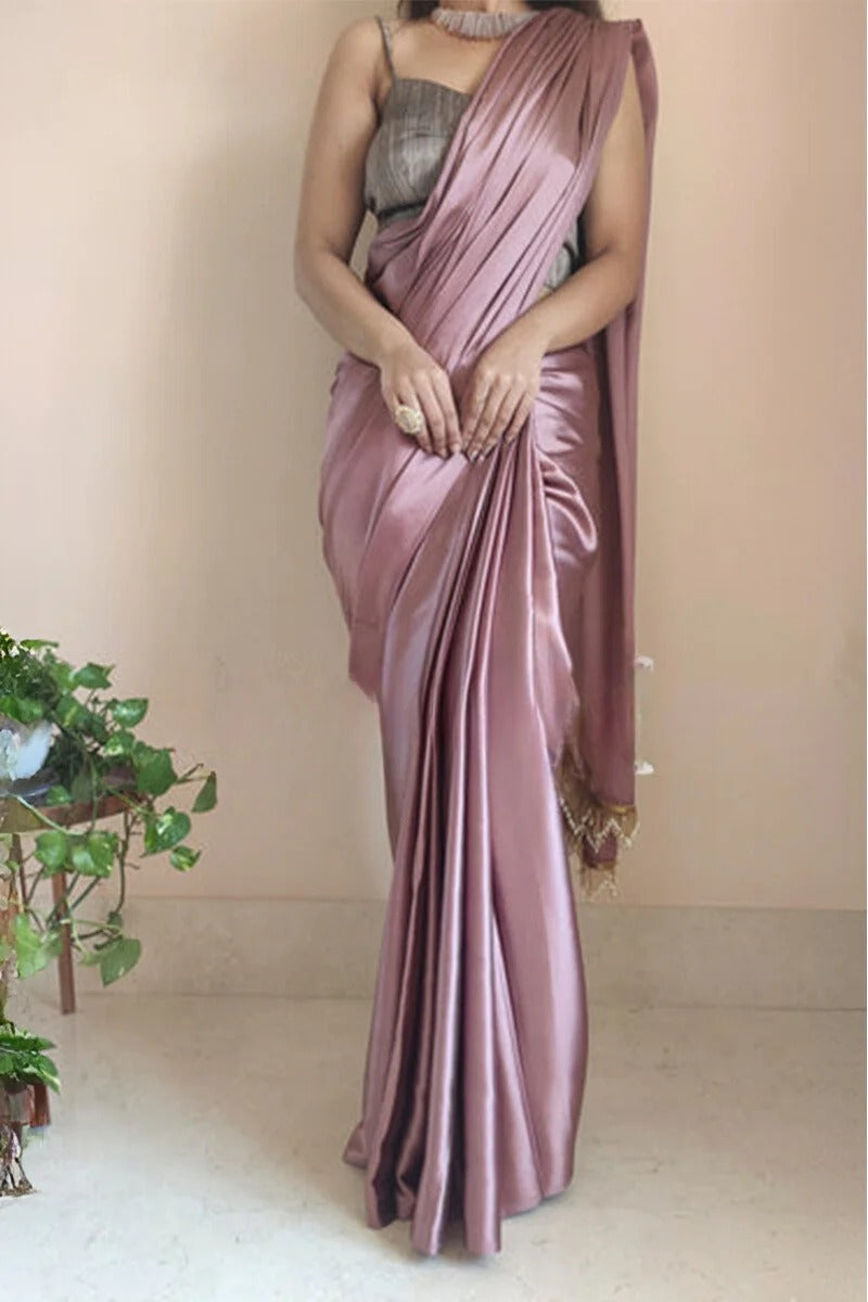 Invaluable 1 Minute Ready To Wear Rose Gold Satin Silk Saree