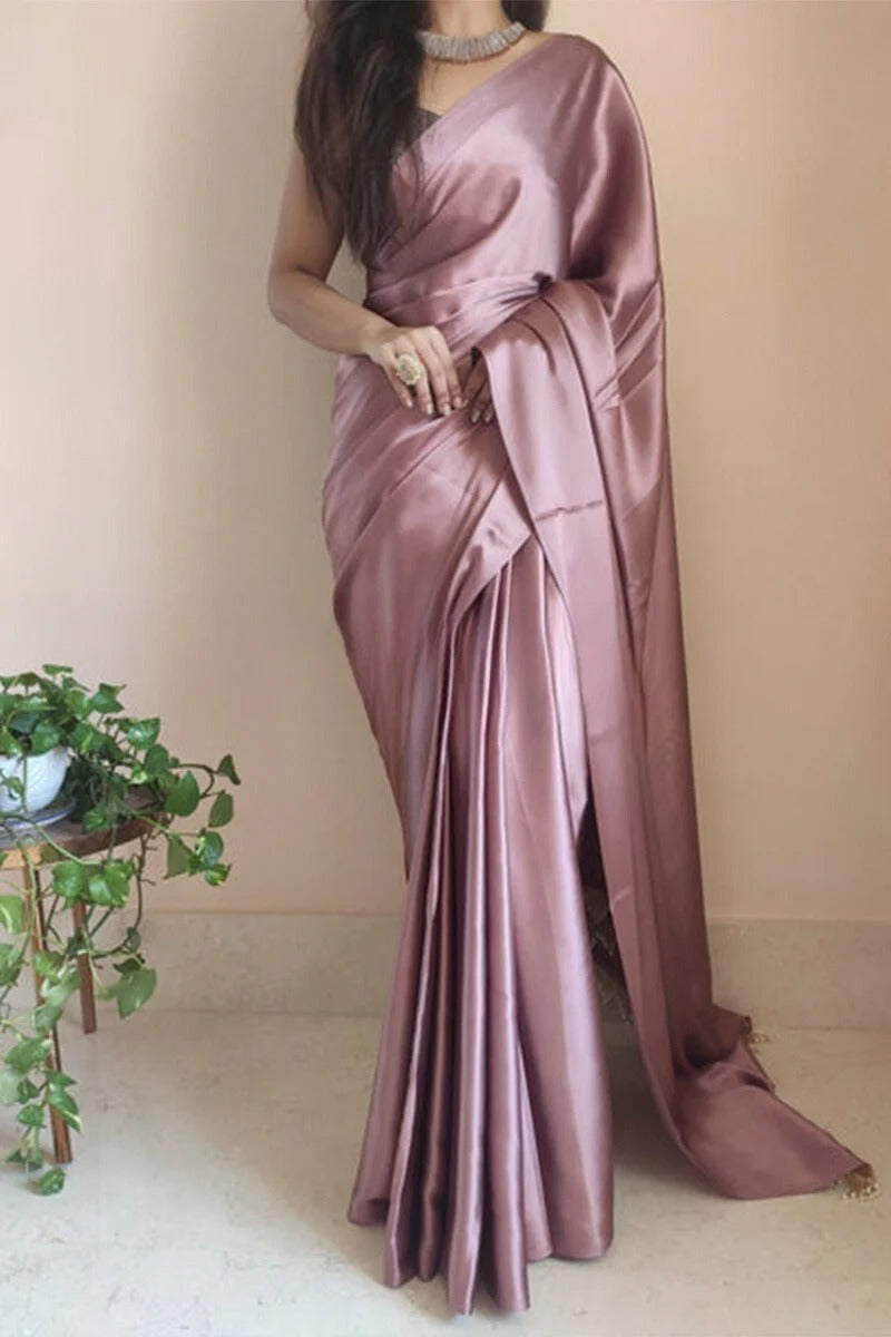Invaluable 1 Minute Ready To Wear Rose Gold Satin Silk Saree