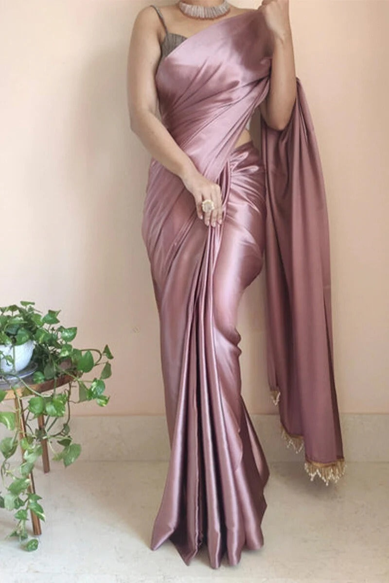 Invaluable 1 Minute Ready To Wear Rose Gold Satin Silk Saree