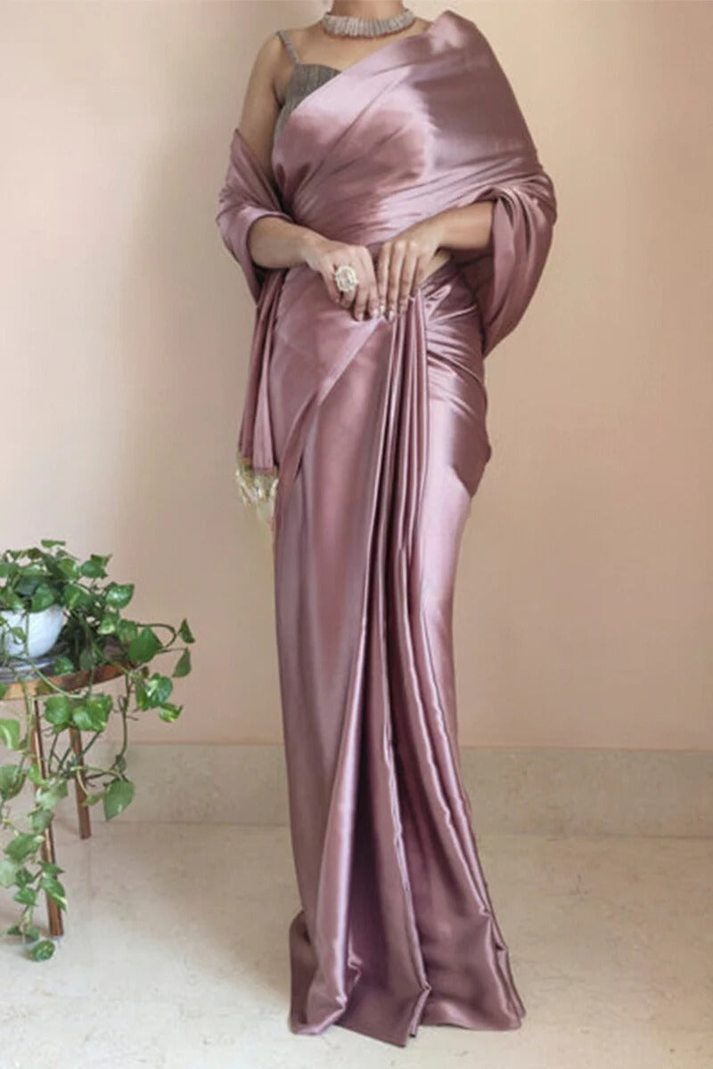 Invaluable 1 Minute Ready To Wear Rose Gold Satin Silk Saree