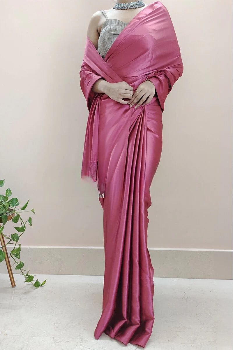 Super classy 1 Minute Ready To Wear Rose Pink Satin Silk Saree