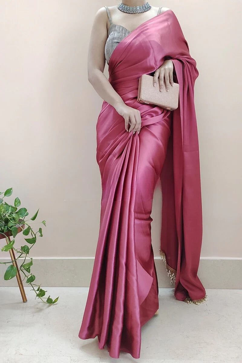 Super classy 1 Minute Ready To Wear Rose Pink Satin Silk Saree