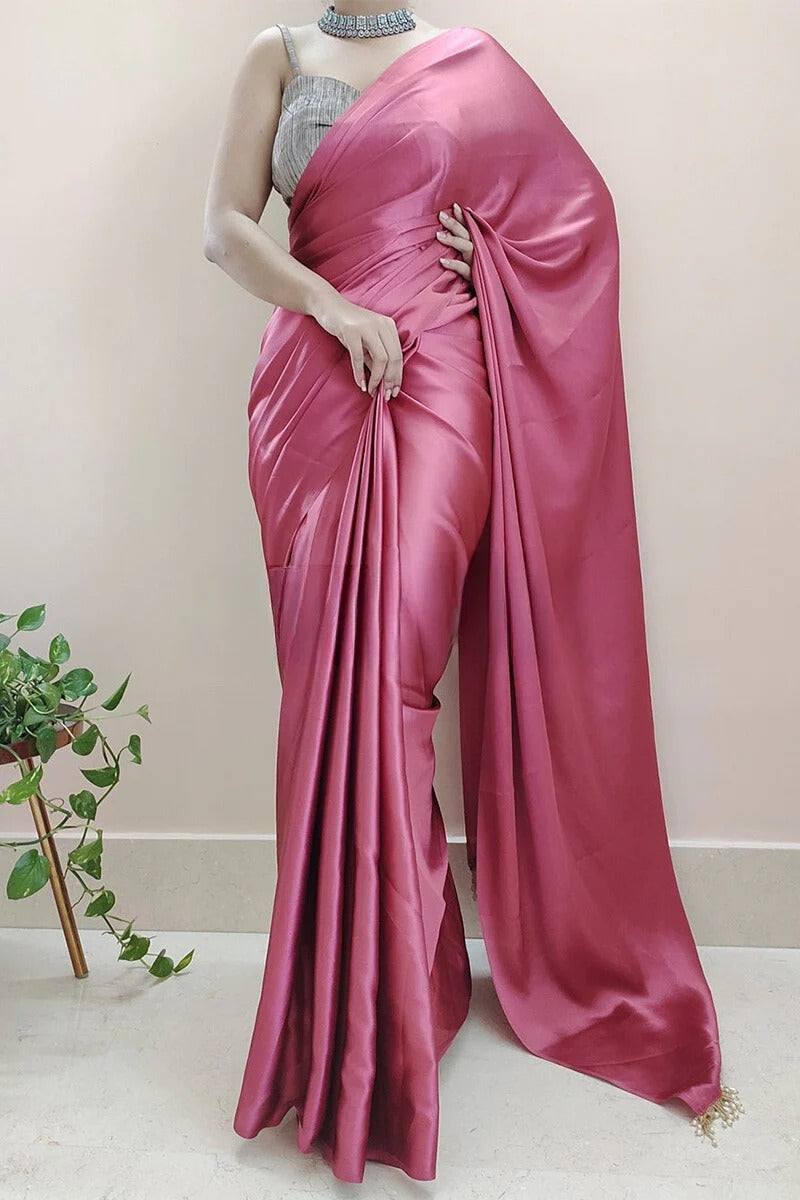 Super classy 1 Minute Ready To Wear Rose Pink Satin Silk Saree