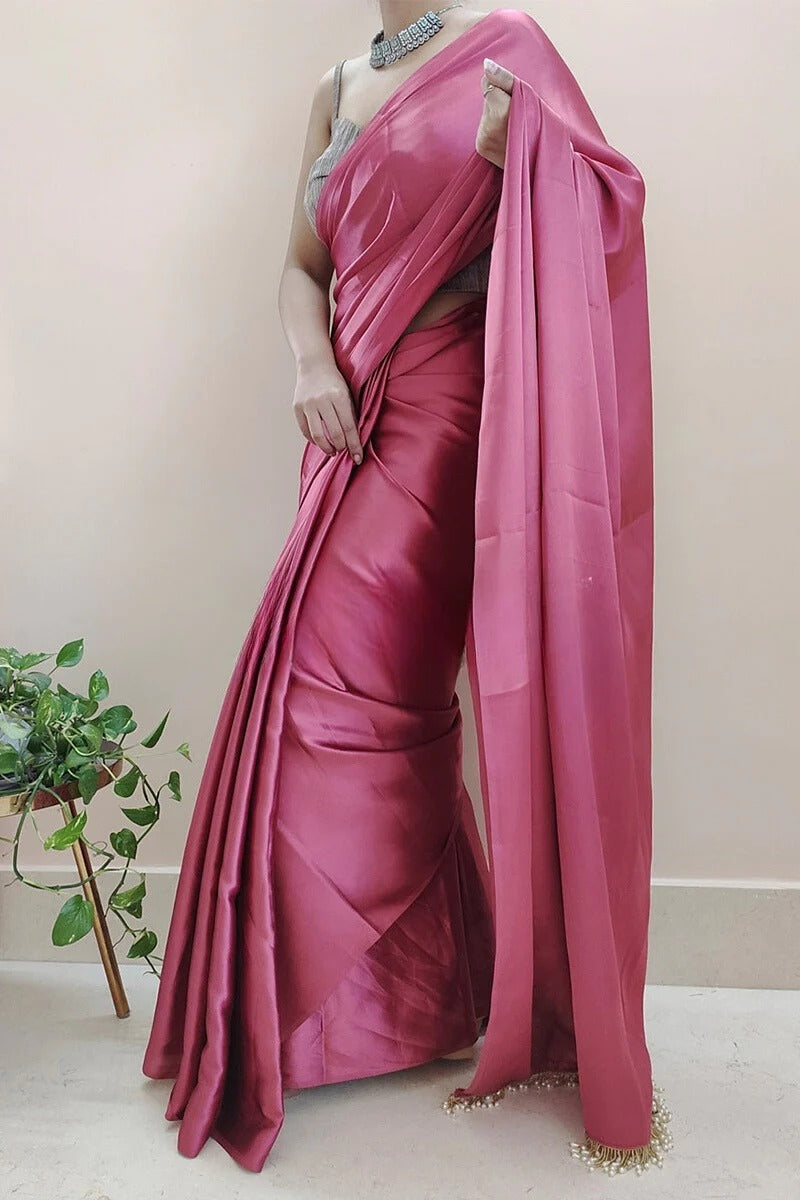 Super classy 1 Minute Ready To Wear Rose Pink Satin Silk Saree