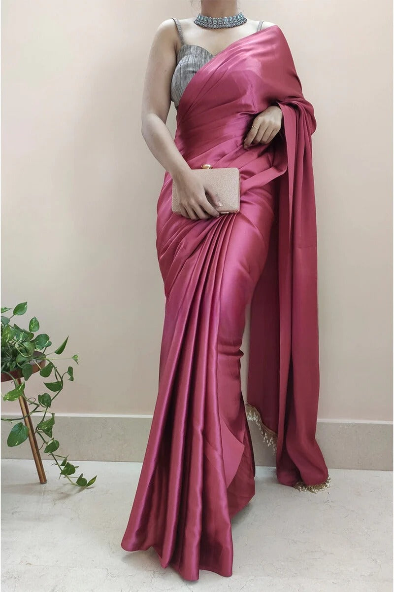 Super classy 1 Minute Ready To Wear Rose Pink Satin Silk Saree