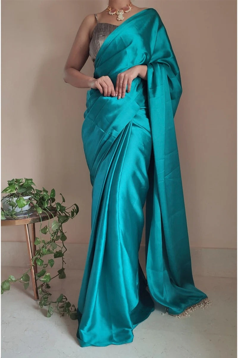 Murmurous 1 Minute Ready To Wear Sea Green Satin Silk Saree