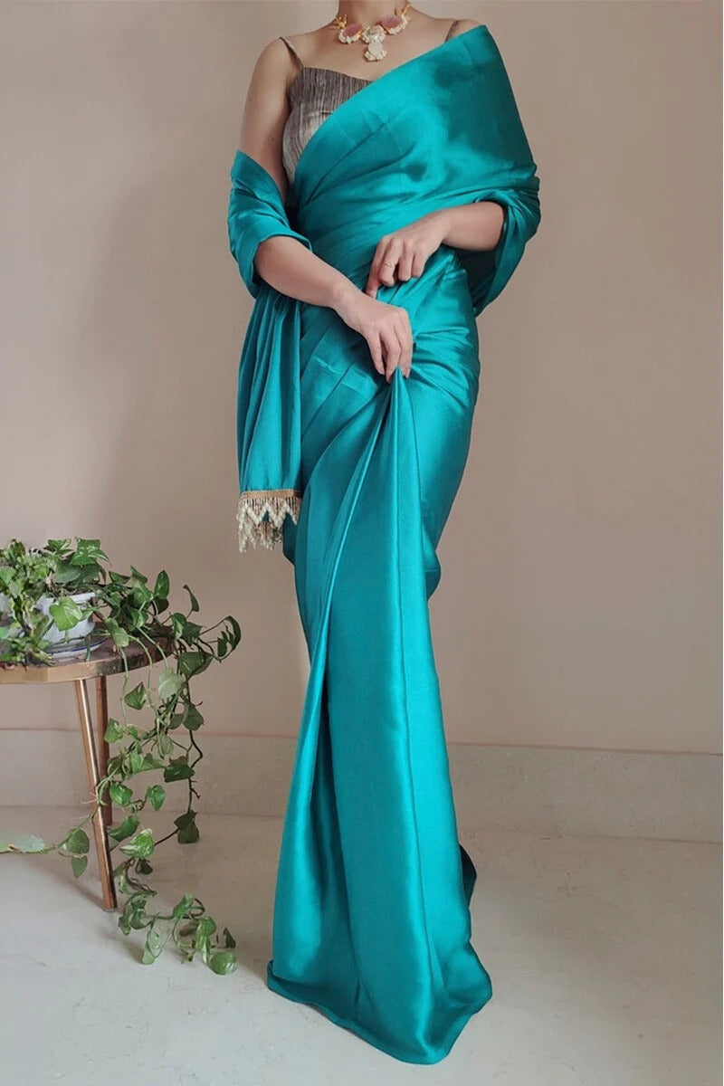 Murmurous 1 Minute Ready To Wear Sea Green Satin Silk Saree
