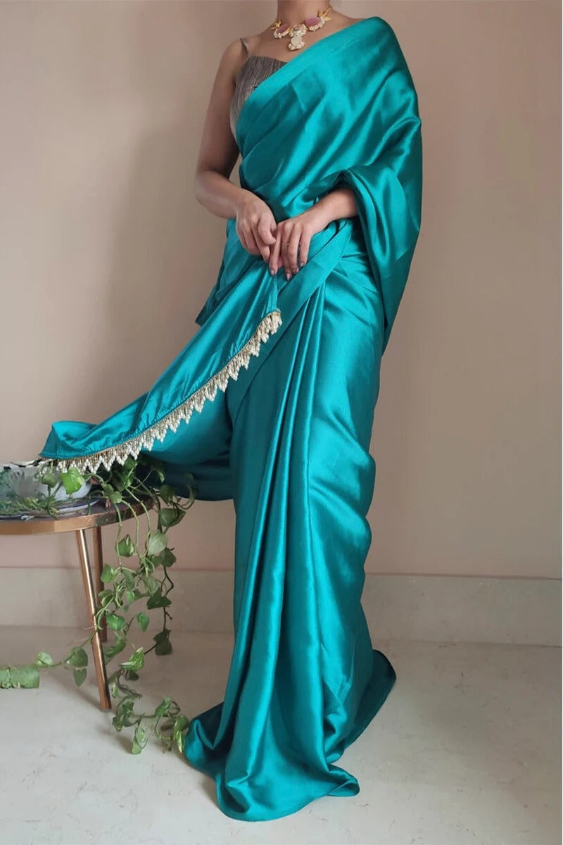 Murmurous 1 Minute Ready To Wear Sea Green Satin Silk Saree