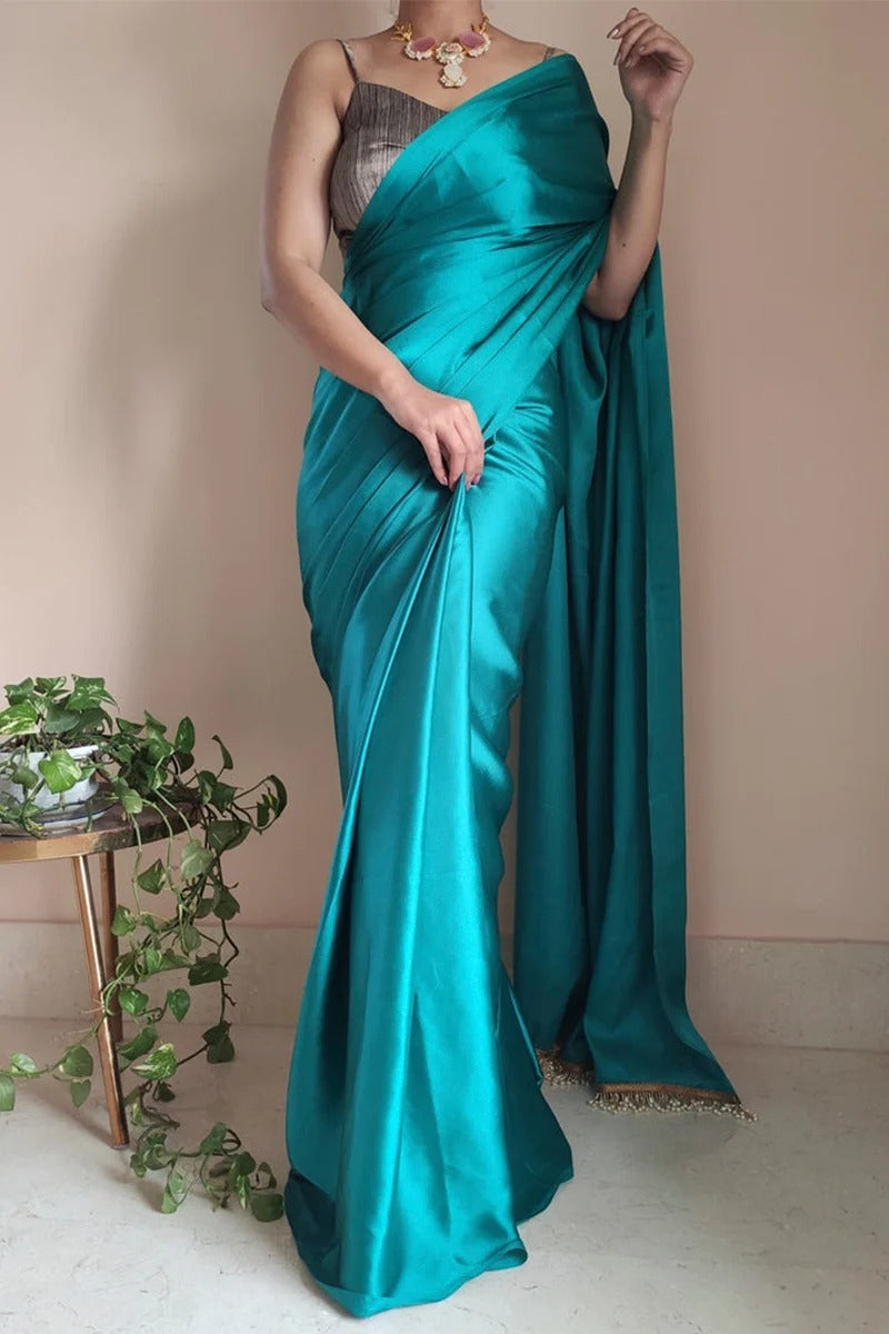 Murmurous 1 Minute Ready To Wear Sea Green Satin Silk Saree