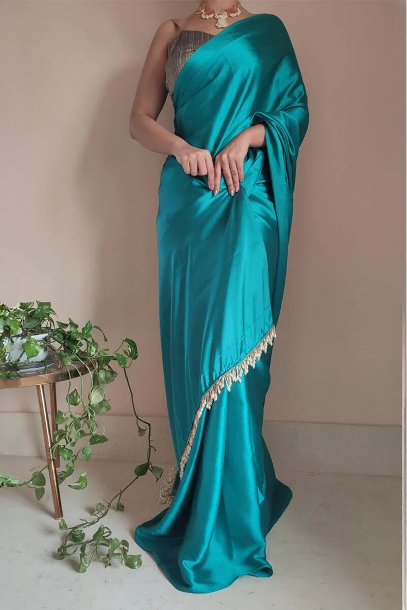 Murmurous 1 Minute Ready To Wear Sea Green Satin Silk Saree