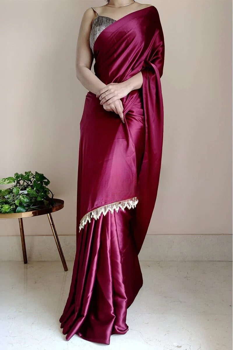 Symmetrical 1 Minute Ready To Wear Wine Satin Silk Saree