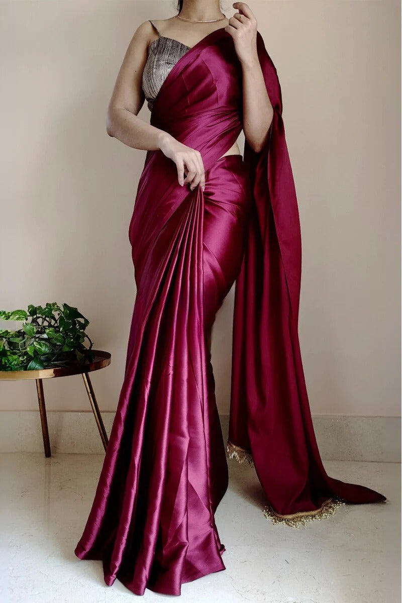 Symmetrical 1 Minute Ready To Wear Wine Satin Silk Saree