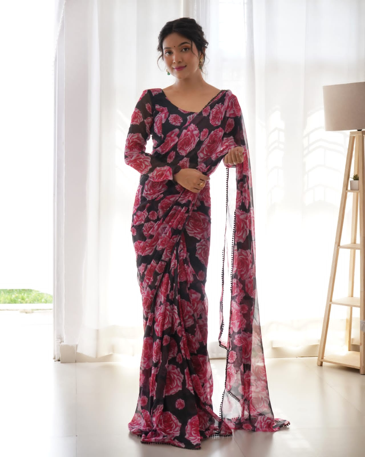 Beauteous 1 Minute Ready To Wear Black Georgette Floral Digital Printed Saree