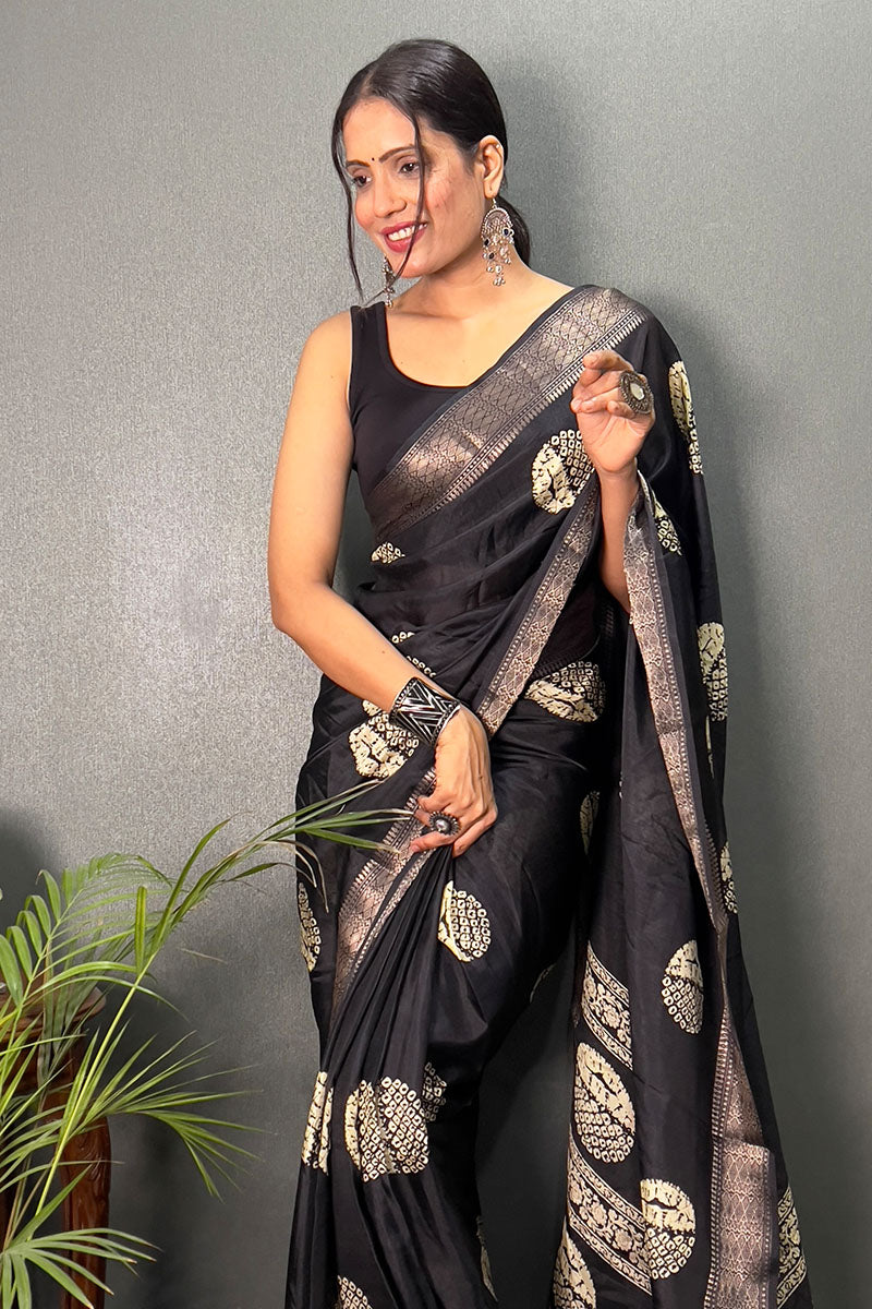 Opulent Black 1 Minute Ready To Wear Soft Dola Cotton Saree