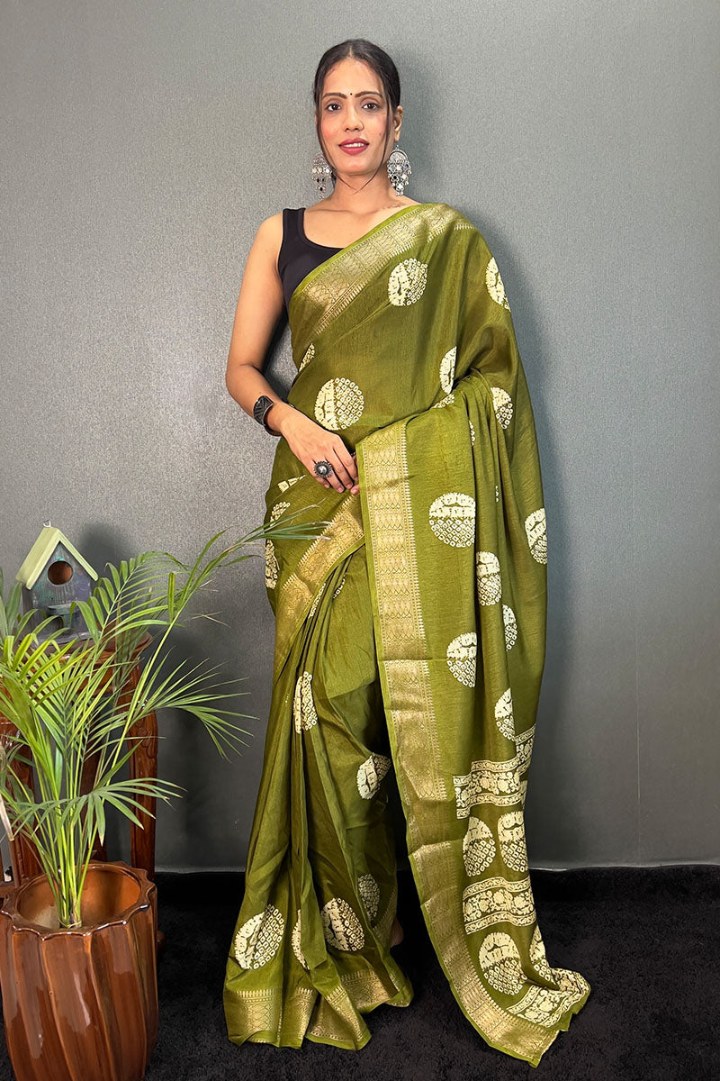 Glittering Mehndi 1 Minute Ready To Wear Soft Dola Cotton Saree