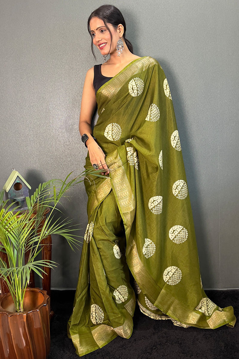 Glittering Mehndi 1 Minute Ready To Wear Soft Dola Cotton Saree