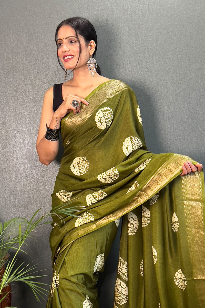 Glittering Mehndi 1 Minute Ready To Wear Soft Dola Cotton Saree