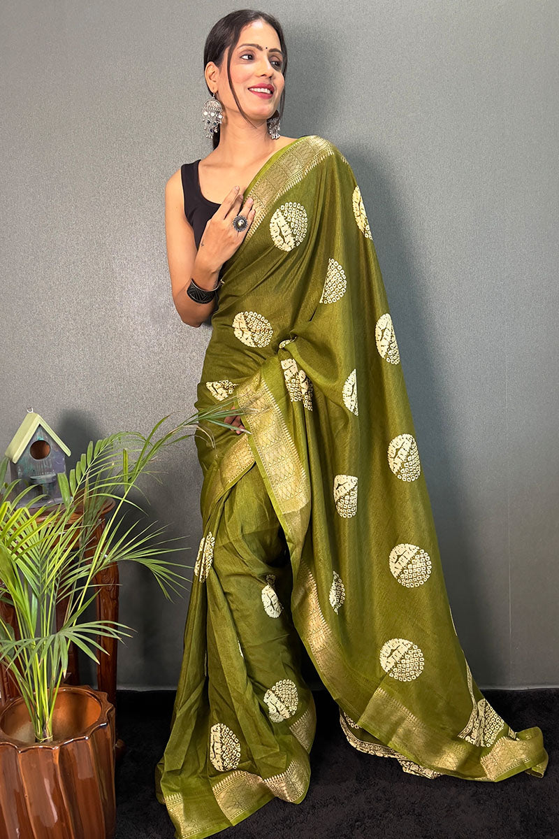Glittering Mehndi 1 Minute Ready To Wear Soft Dola Cotton Saree