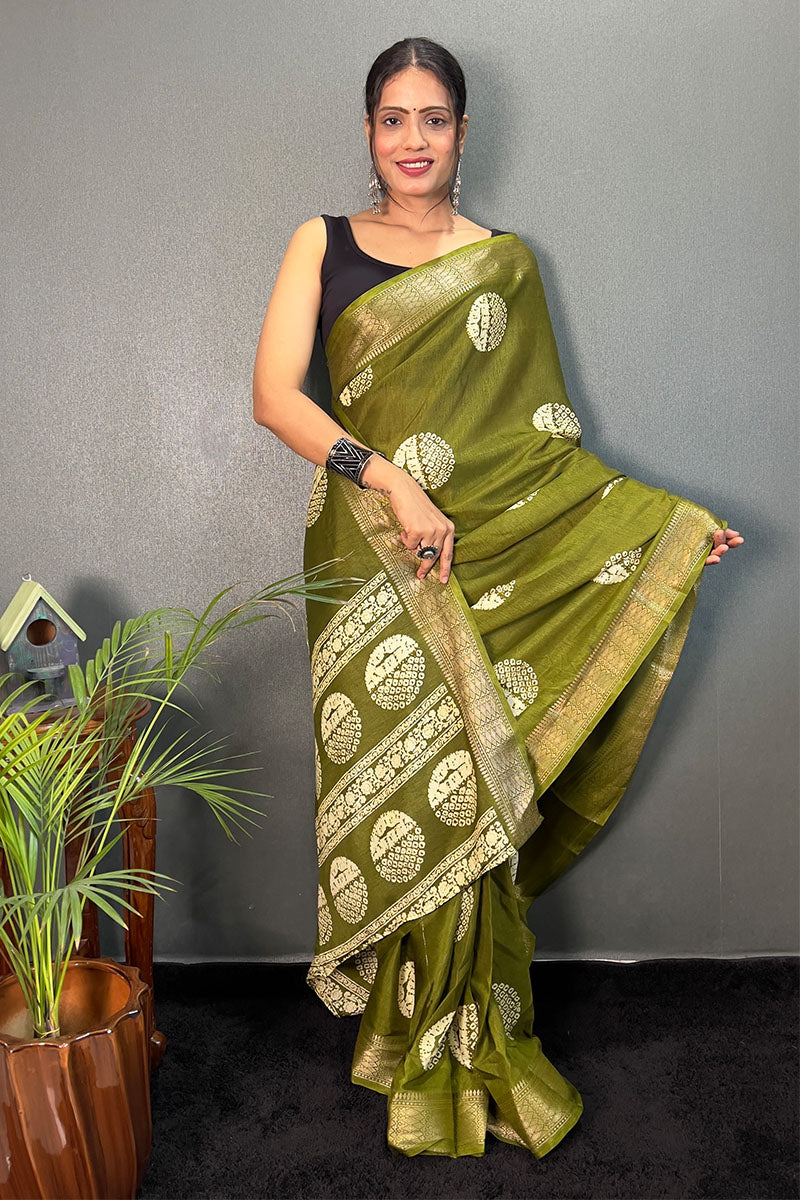 Glittering Mehndi 1 Minute Ready To Wear Soft Dola Cotton Saree