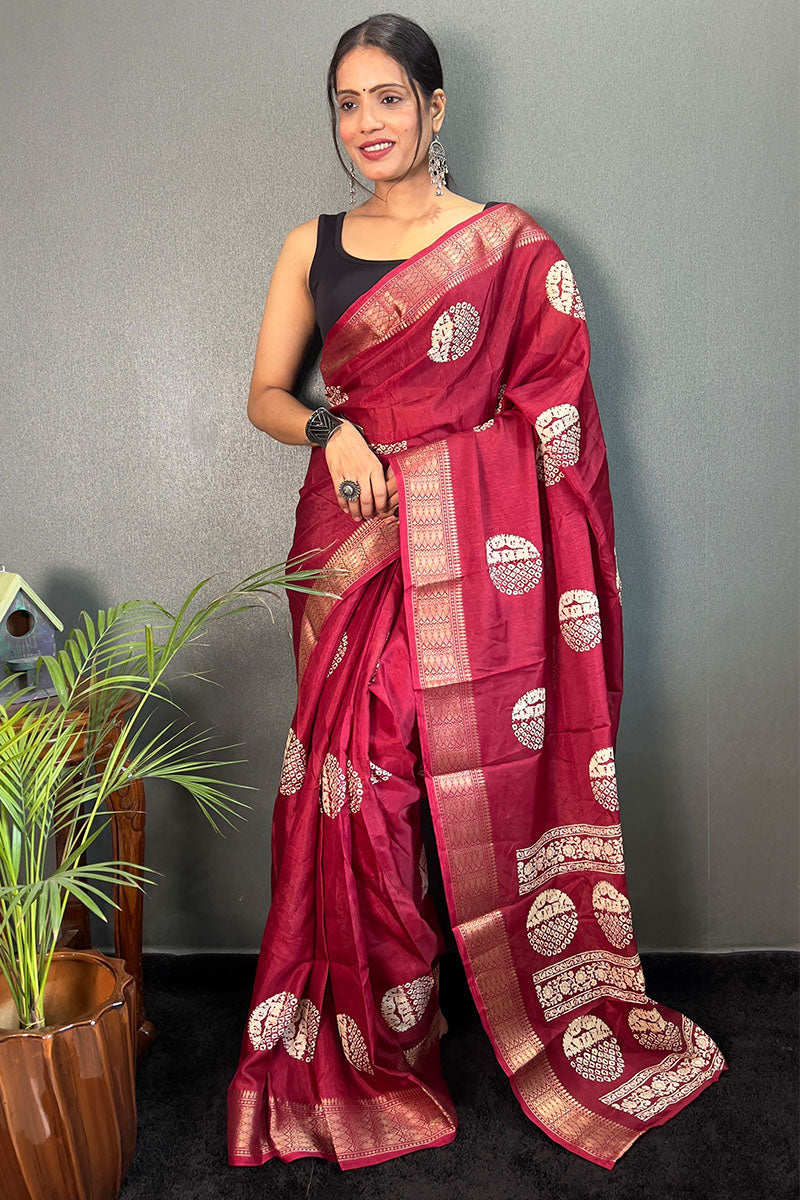 Lissome Maroon 1 Minute Ready To Wear Soft Dola Cotton Saree