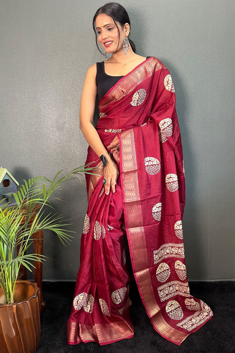 Lissome Maroon 1 Minute Ready To Wear Soft Dola Cotton Saree
