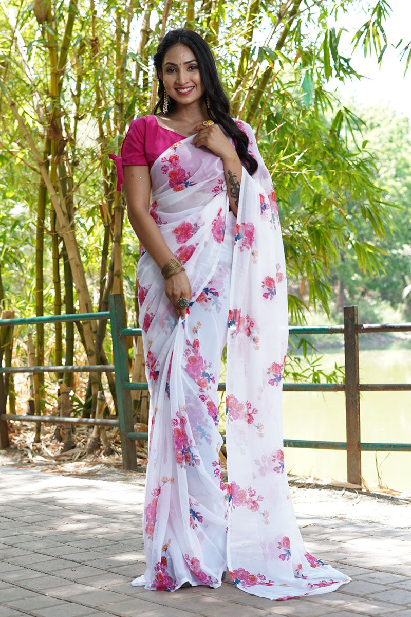 Impressive 1 Minute Ready To Wear White Georgette Digital Printed Saree
