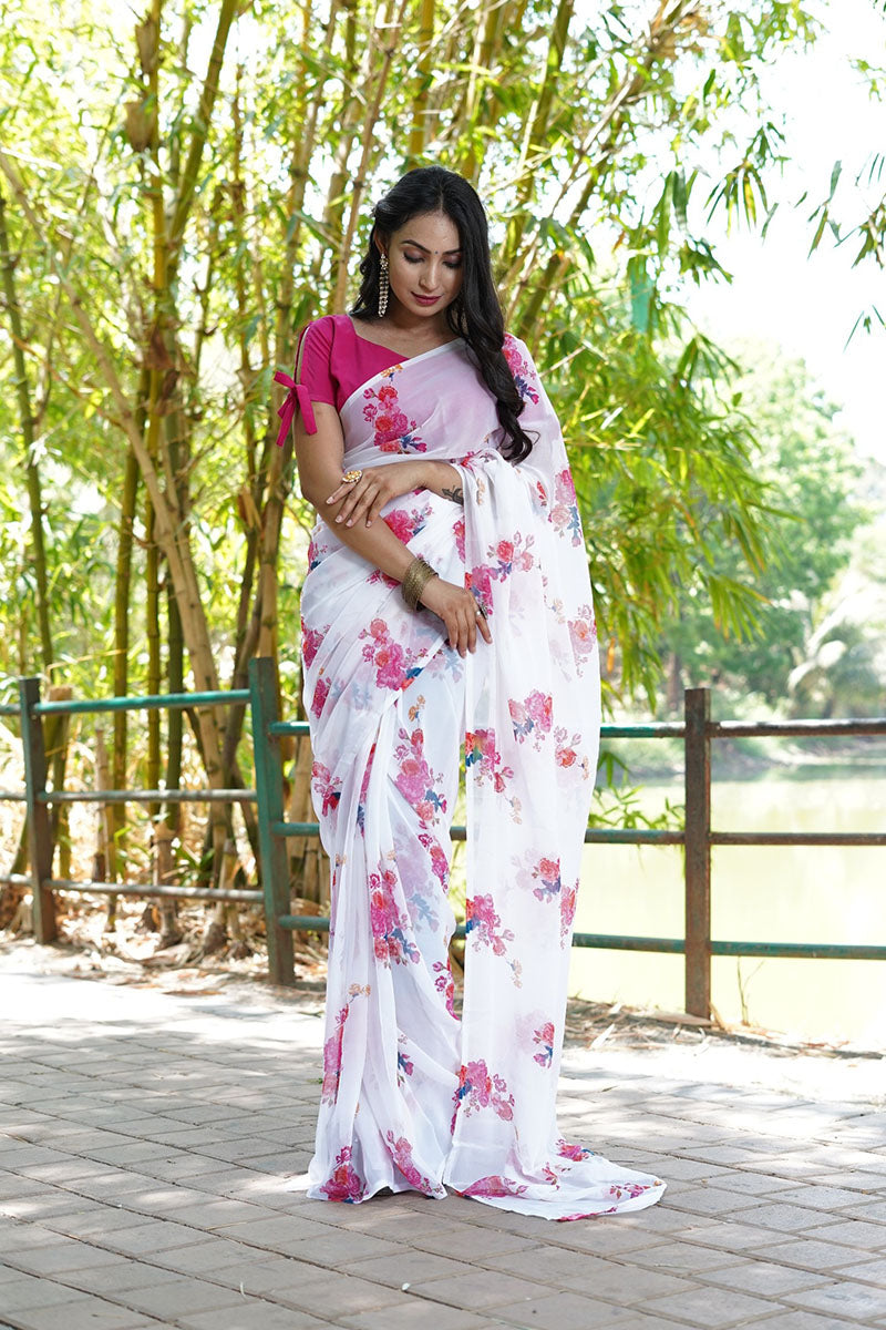 Impressive 1 Minute Ready To Wear White Georgette Digital Printed Saree