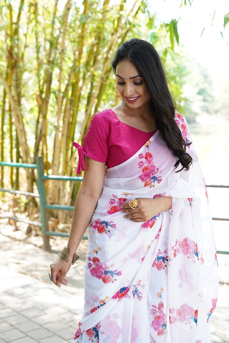 Impressive 1 Minute Ready To Wear White Georgette Digital Printed Saree