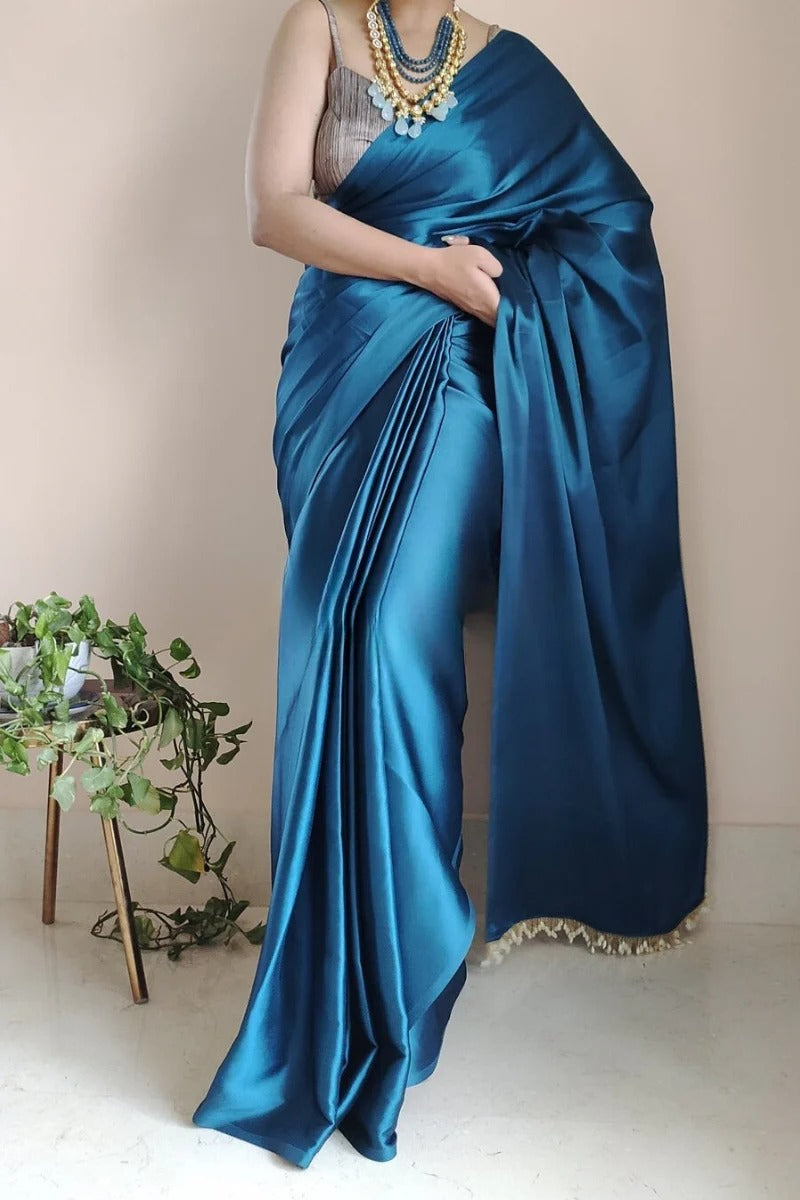 Eye-catching 1 Minute Ready To Wear Cobalt Blue Satin Silk Saree