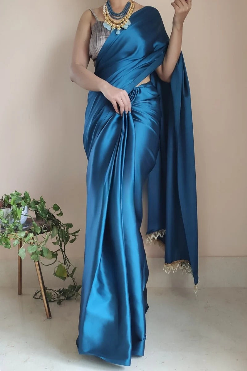 Eye-catching 1 Minute Ready To Wear Cobalt Blue Satin Silk Saree