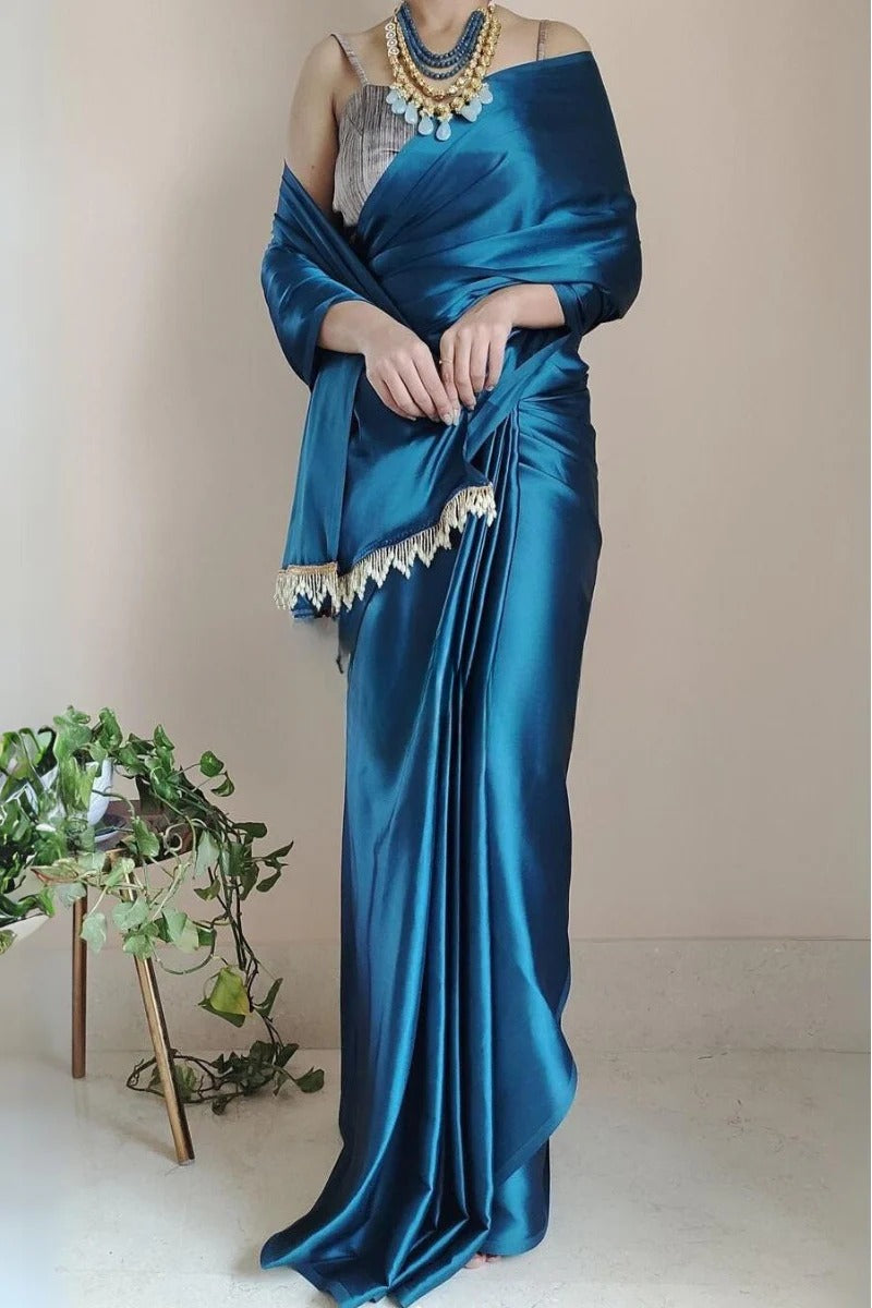 Eye-catching 1 Minute Ready To Wear Cobalt Blue Satin Silk Saree