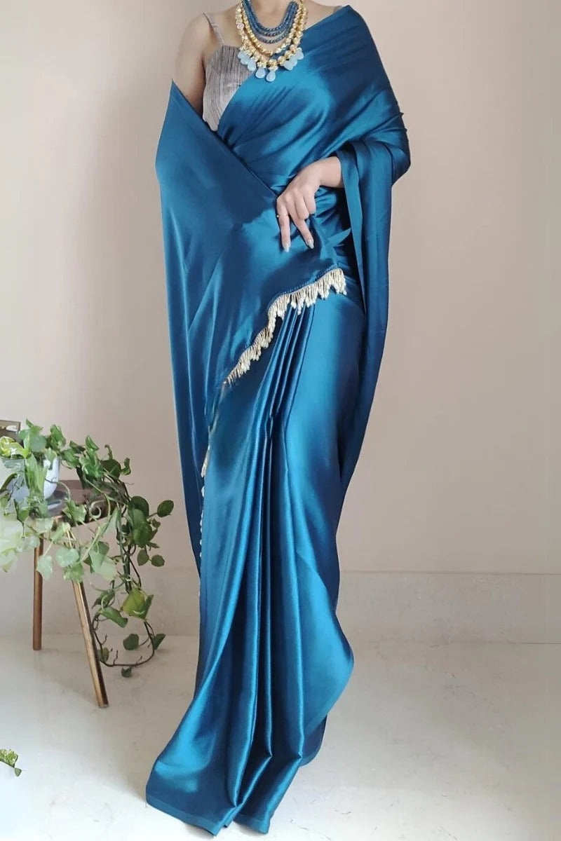 Eye-catching 1 Minute Ready To Wear Cobalt Blue Satin Silk Saree