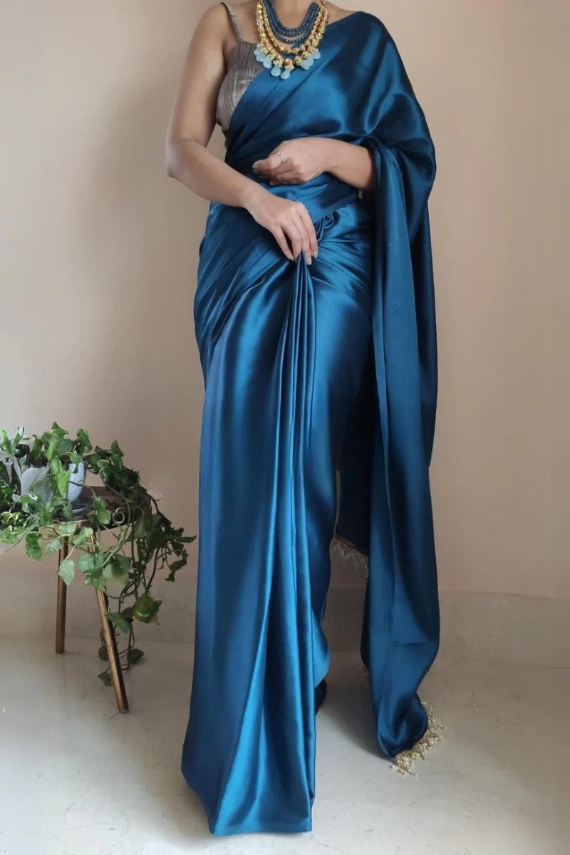 Eye-catching 1 Minute Ready To Wear Cobalt Blue Satin Silk Saree