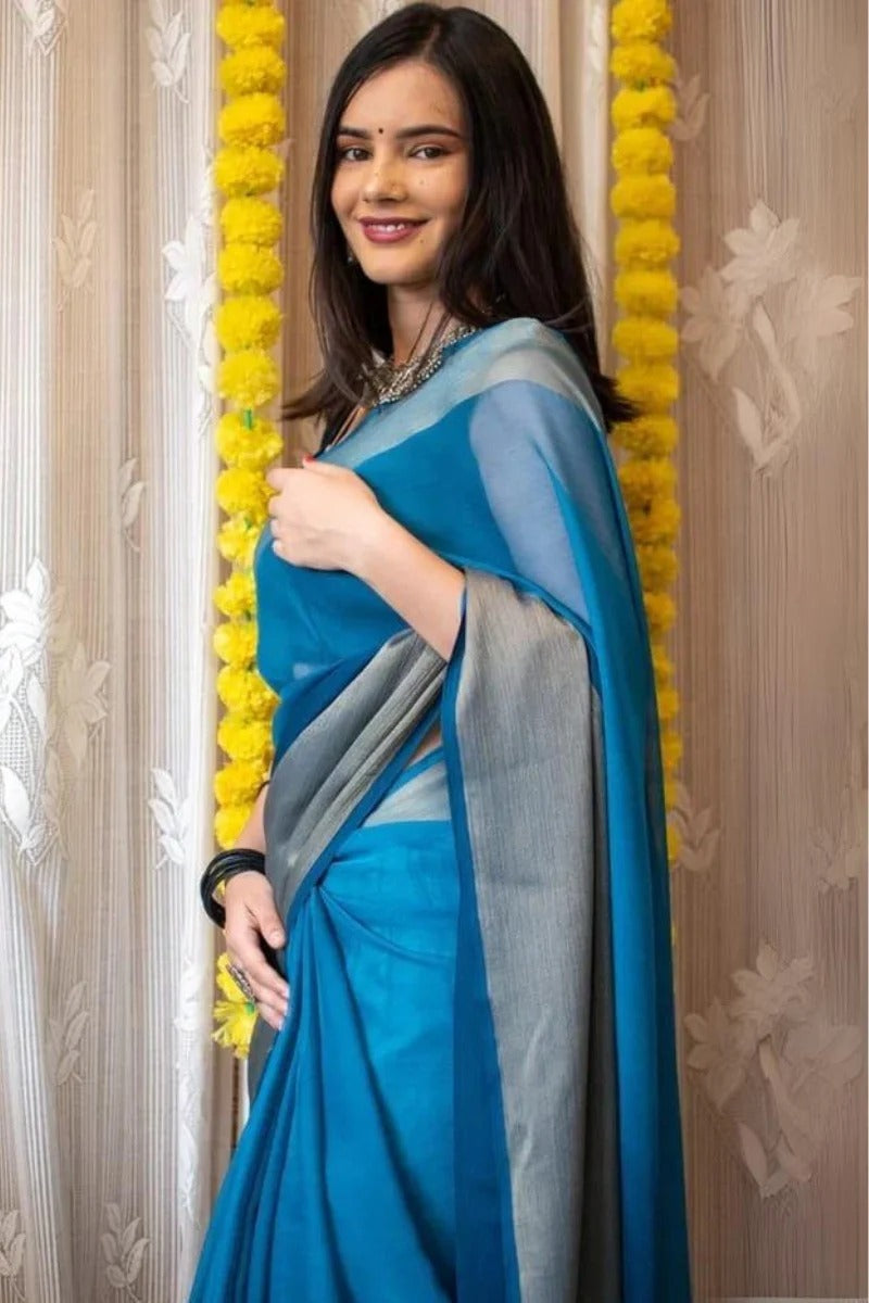 Dalliance 1 Minute Ready To Wear Firozi Chiffon Saree