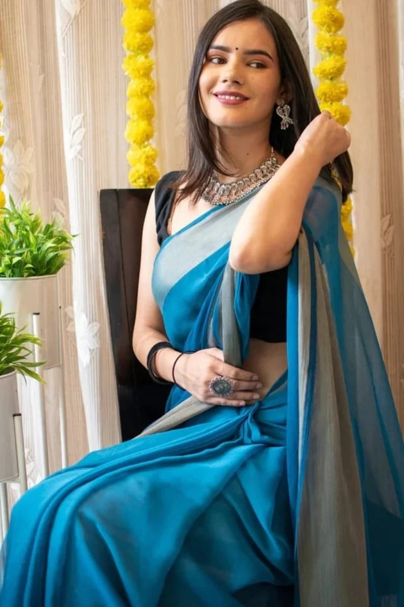 Dalliance 1 Minute Ready To Wear Firozi Chiffon Saree