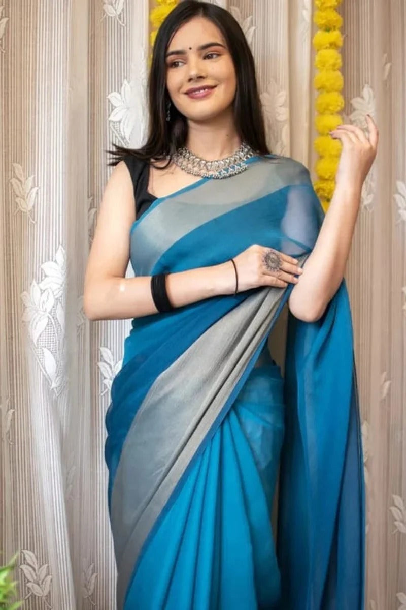 Dalliance 1 Minute Ready To Wear Firozi Chiffon Saree