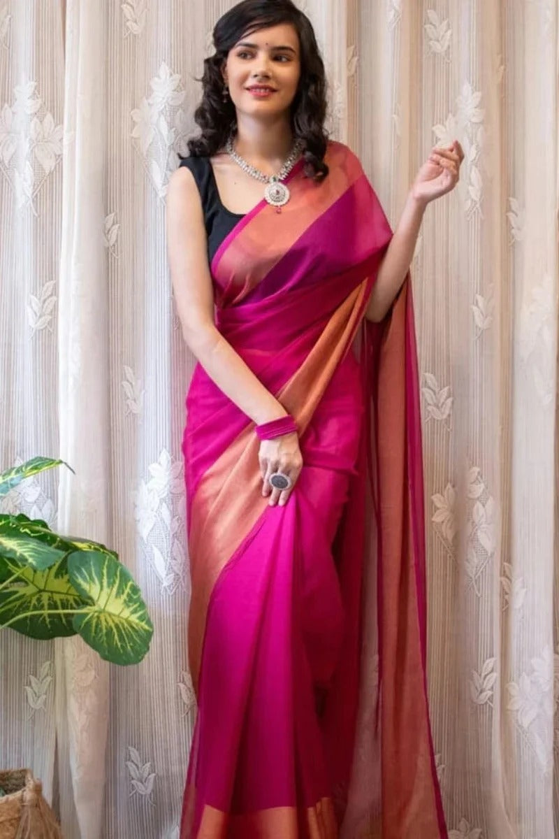 Capricious 1 Minute Ready To Wear Pink Chiffon Saree