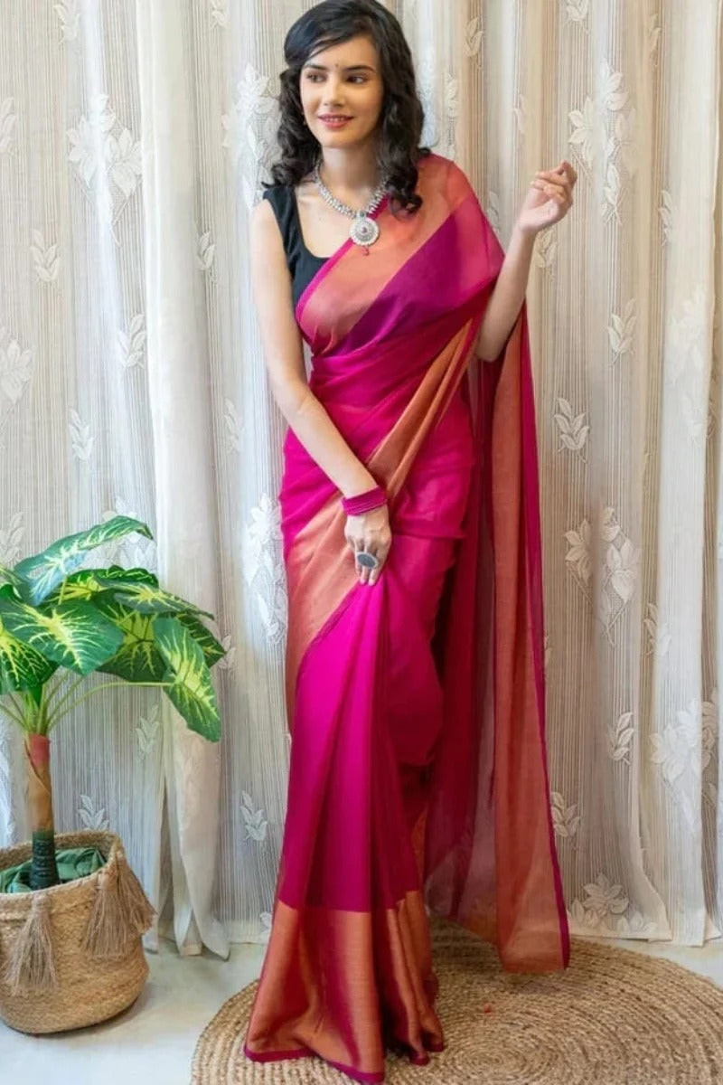 Capricious 1 Minute Ready To Wear Pink Chiffon Saree