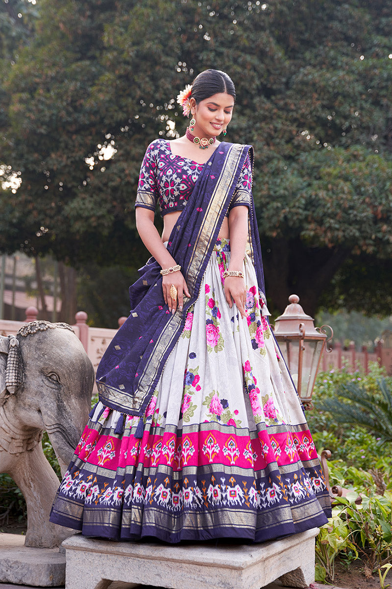 Navy Blue & White Tusser Silk Lehenga Choli With Intricate Print And Dupatta