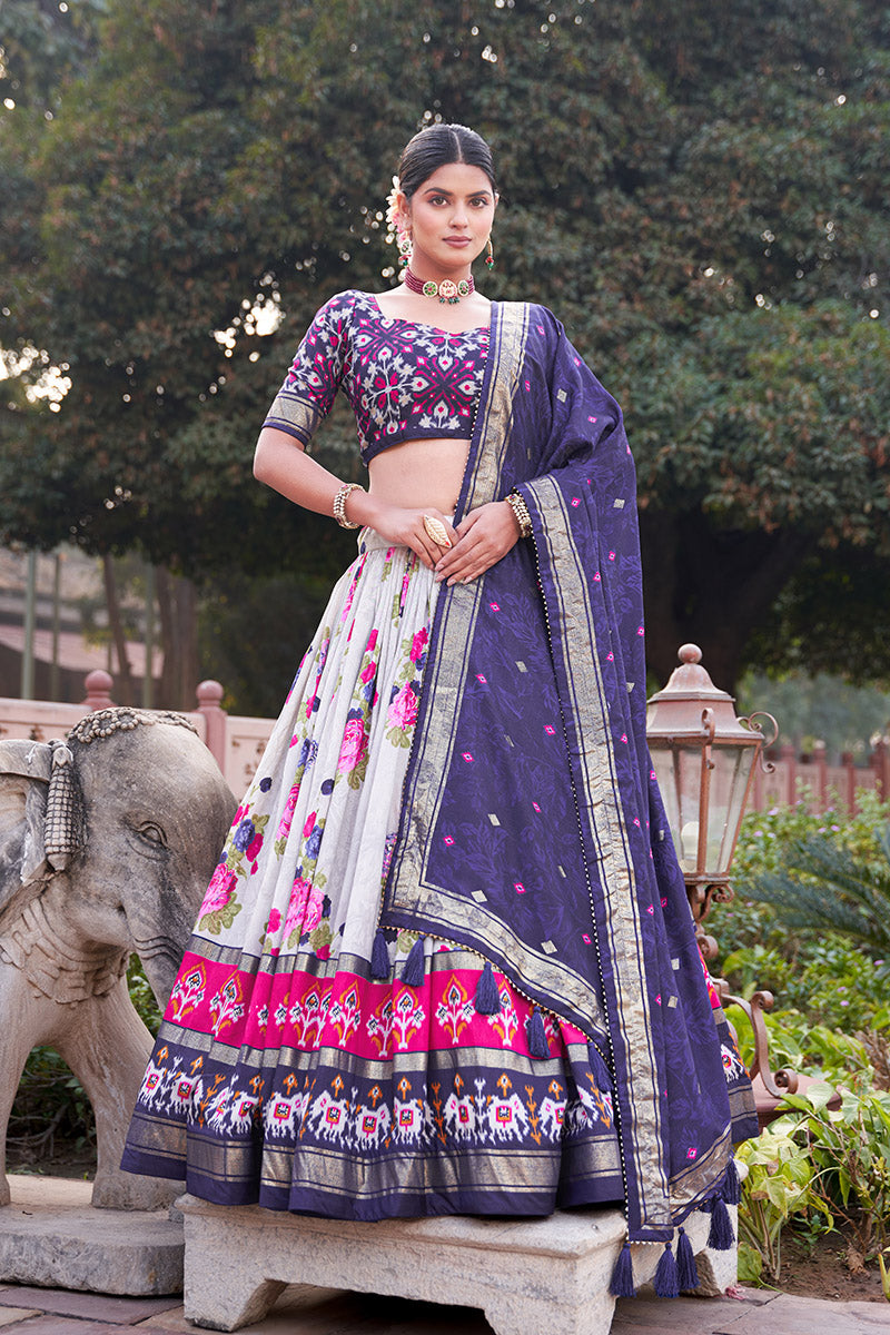 Navy Blue & White Tusser Silk Lehenga Choli With Intricate Print And Dupatta