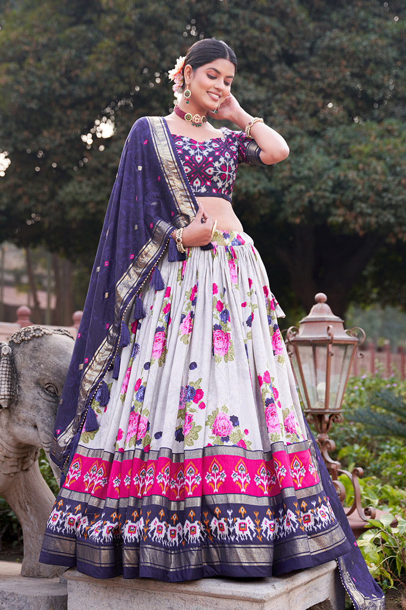 Navy Blue & White Tusser Silk Lehenga Choli With Intricate Print And Dupatta