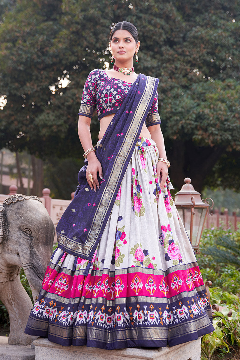 Navy Blue & White Tusser Silk Lehenga Choli With Intricate Print And Dupatta