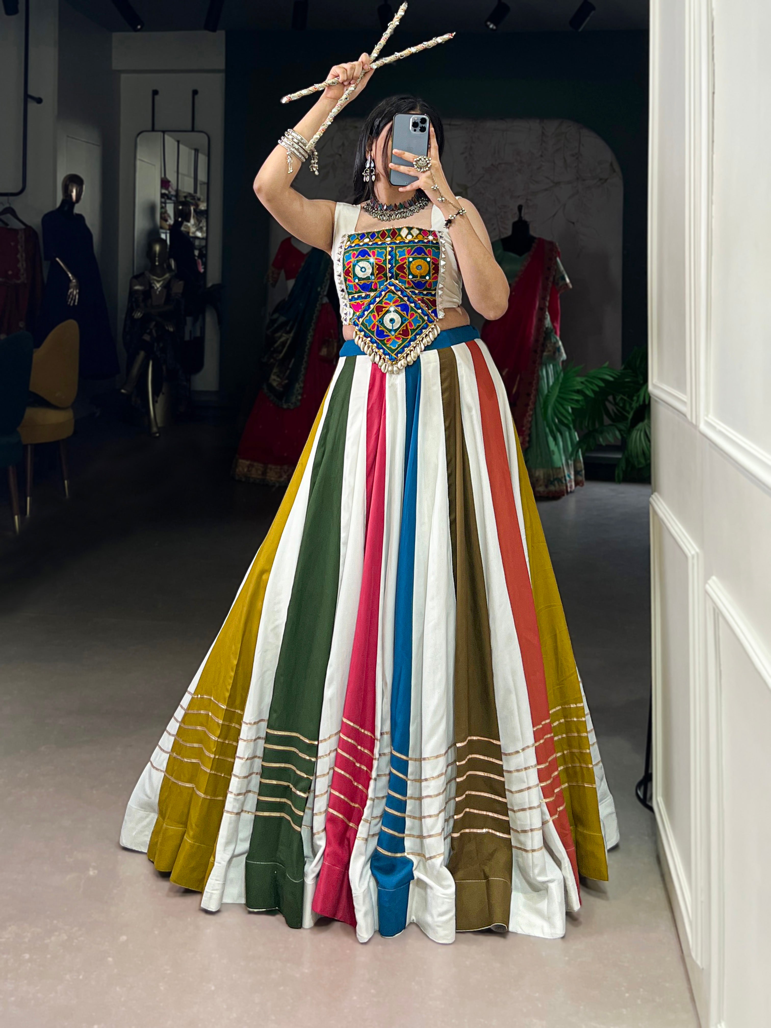 Traditional Multicolor Panelled Lehenga with Gamthi Embroidered Blouse