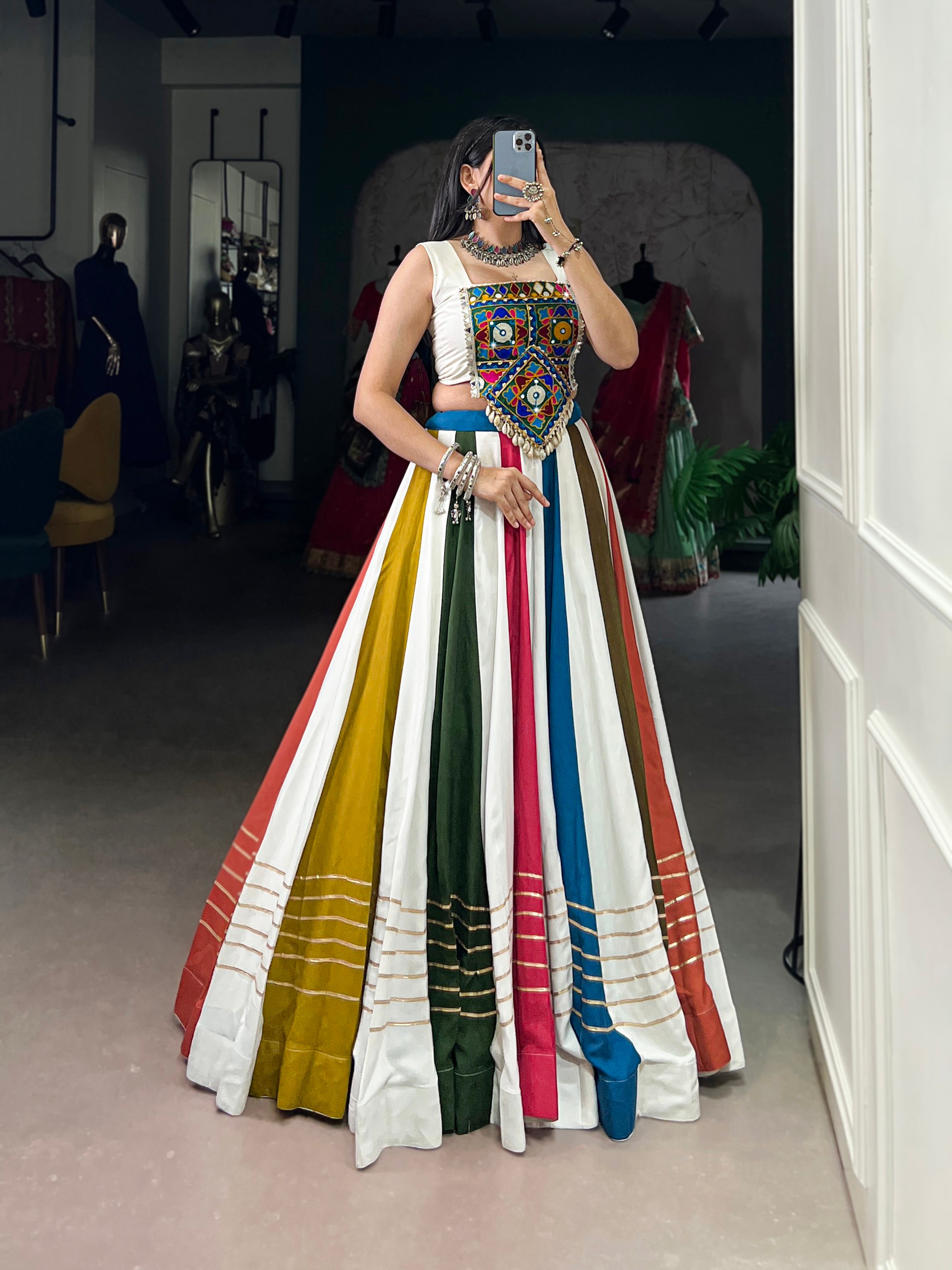 Traditional Multicolor Panelled Lehenga with Gamthi Embroidered Blouse
