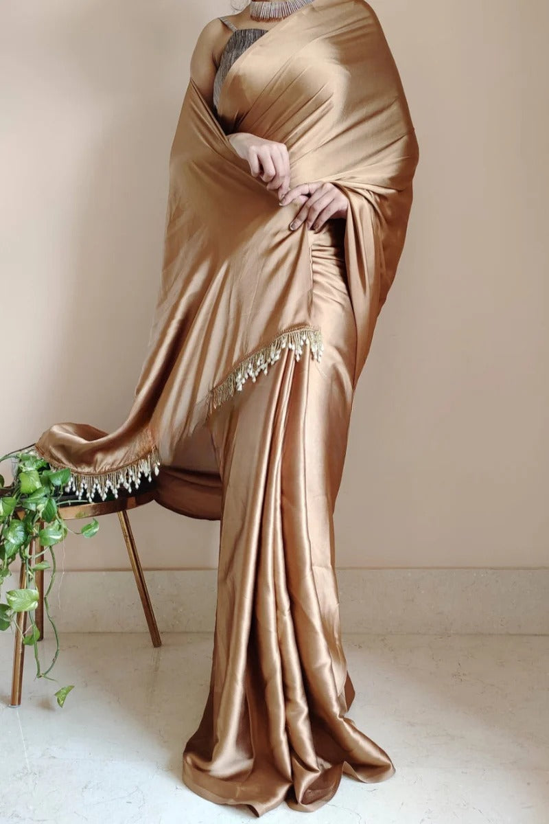 Pretty 1 Minute Ready To Wear Golden Brown Satin Silk Saree
